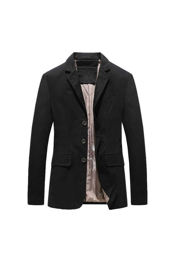 Men's Casual Solid Three-Button Lined Cotton Blazer Suit Back Long Sleeves Jacket Black M