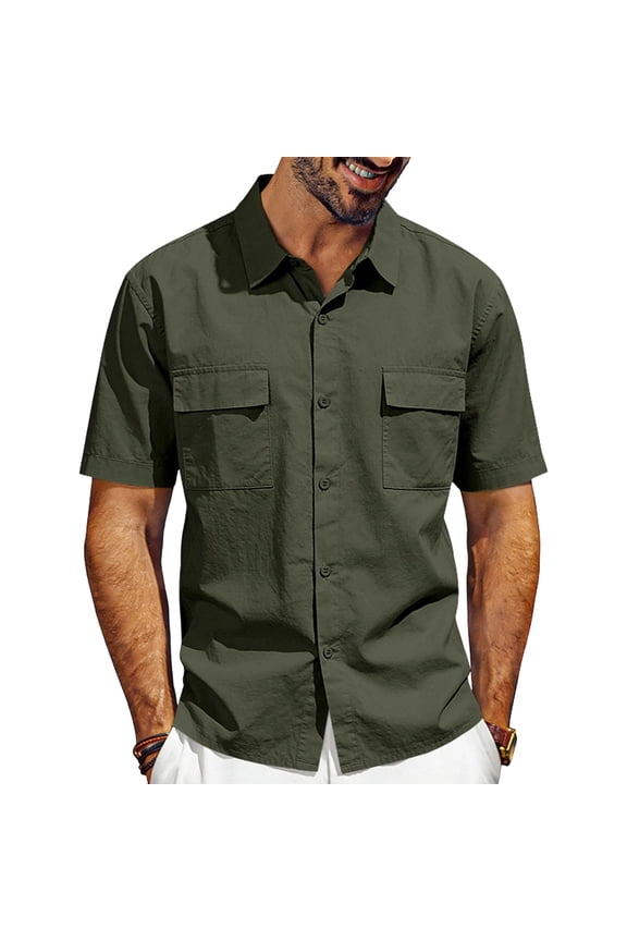 Men's Casual Stretch Regular Fit Shirt Button Down Short Sleeve Work Shirts with Two Pockets