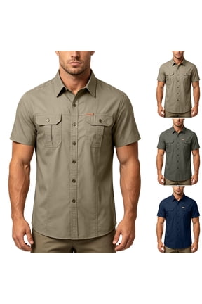 Men's Casual Stretch Regular Fit Shirt Button Down Short Sleeve Work Shirts with Two Pockets