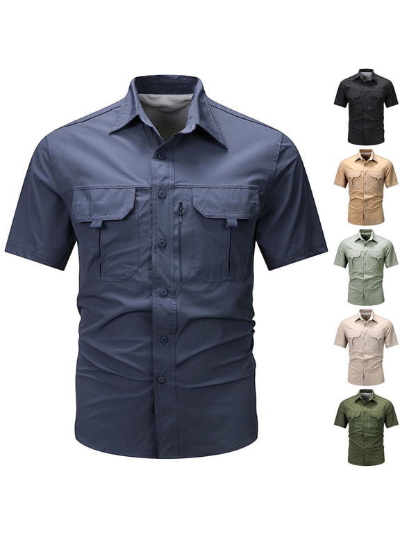 Men's Casual Stretch Regular Fit Shirt Button Down Short Sleeve Work Shirts with Two Pockets