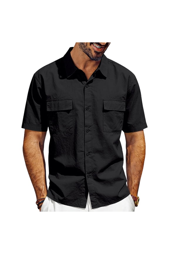 Men's Casual Stretch Regular Fit Shirt Button Down Short Sleeve Work Shirts with Two Pockets