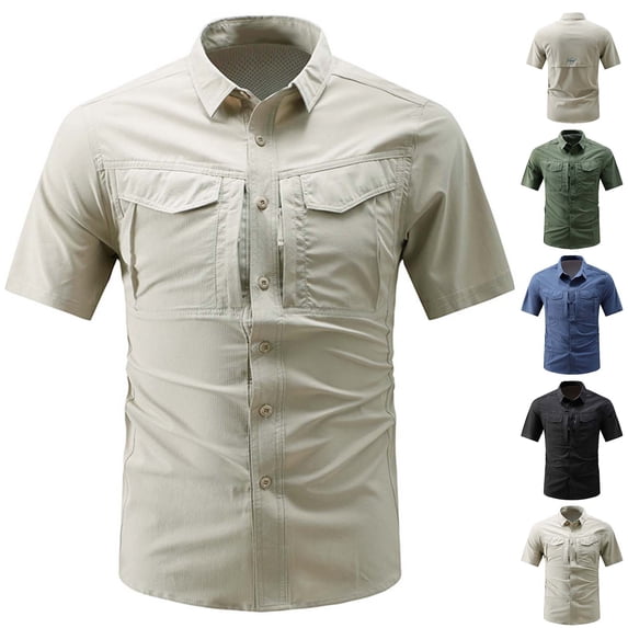 Yaoyar Men's Casual Stretch Regular Fit Shirt Button Down Short Sleeve Work Shirts with Two Pockets