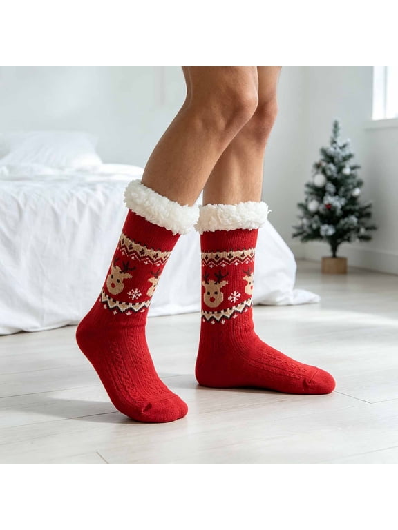 Men's Christmas Cozy Fleece Lined Socks, Anti Slip Funny Holiday Socks for Indoor Lounging