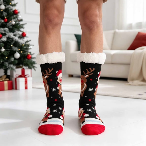 Yaoyar Men's Christmas Fleece Gripper Socks, Funny Holiday Socks for Warm Indoor Comfort