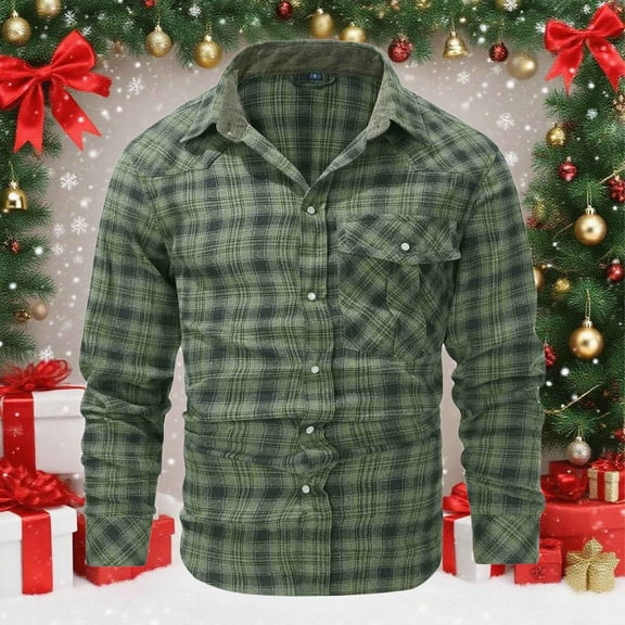 Yaoyar Men's Christmas Green Plaid Long Sleeve Casual Button Top/Shirt Men's Plus Size Plaid Flannel Shirt
