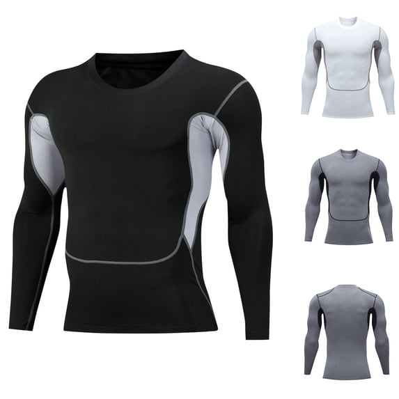 Yaoyar Men's Color Block Quick Dry High Elastic Long Sleeve Crew Neck Top, Stretchy Compression Shirt for Gym Training Fitness