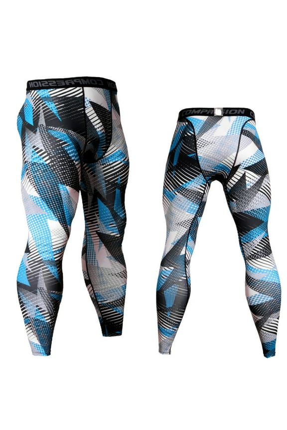 Men's Compression Breathable Fitness Pants Fashion Printed Quick-Drying Tights Yoga Leggings Sports Leggings Workout Trousers Blue M