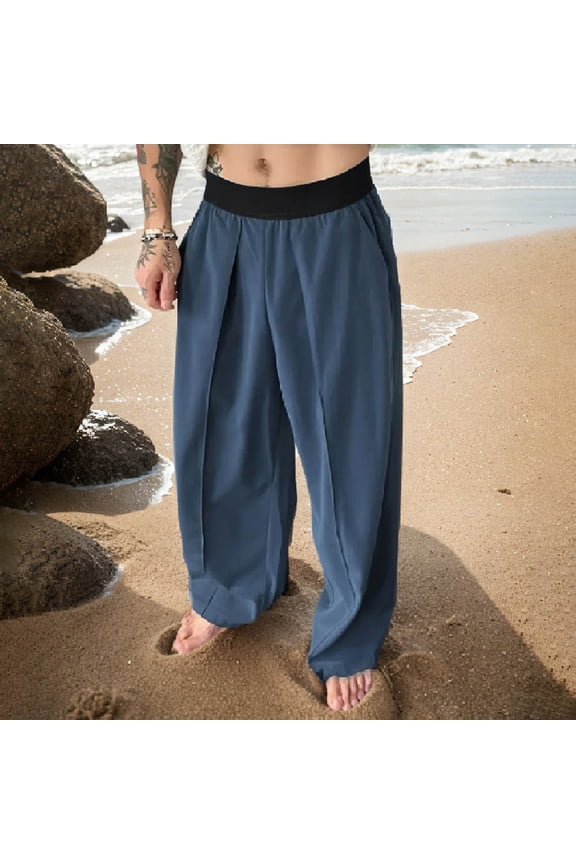 Men's Contrast Color Casual Trousers Elastic Waist Loose Fit Solid Color Dress Pants Style for Smart Casual Wear Long Pants,S,Blue