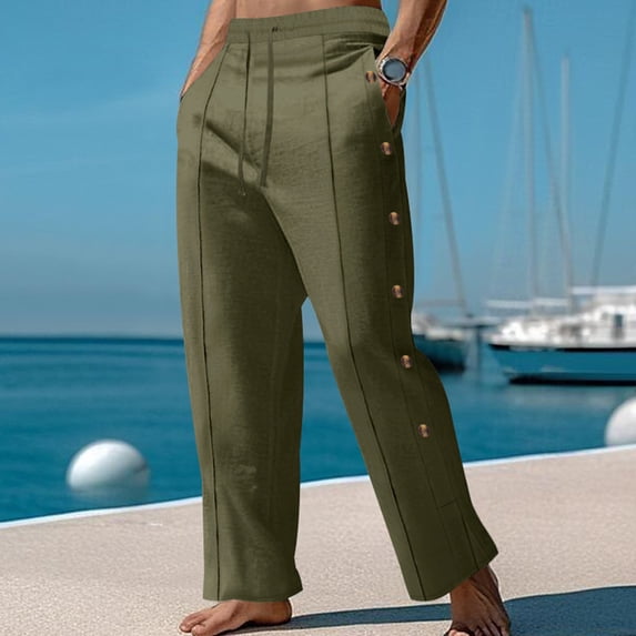 Yaoyar Men's Cotton-Linen Blend Casual Trousers Fashion Drawstring Waist Vertical Button Front Breathable Comfort Loose Straight Leg Pants,XL,Army Green