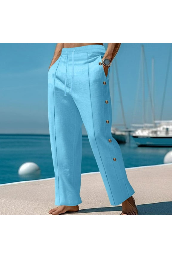 Men's Cotton-Linen Blend Casual Trousers Fashion Drawstring Waist Vertical Button Front Breathable Comfort Loose Straight Leg Pants,XXXL,Sky Blue