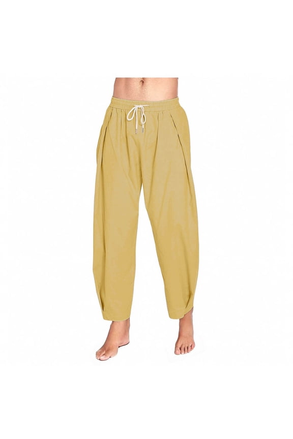 Men's Cotton Linen Breezy Pants Loose Fit with Drawstring Pockets and Elastic Waist Comfortable Airy Fabric Long Trousers,XXL,Yellow