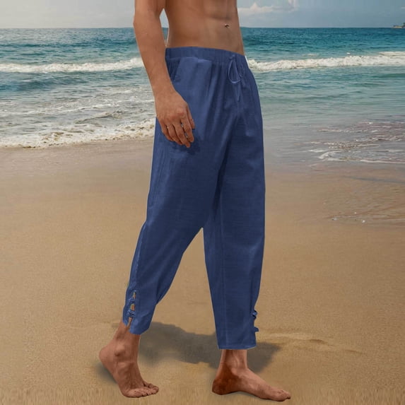 Yaoyar Men's Cotton Linen Flowy Pants Loose Fit with Drawstring Pockets Elastic Waist and Split Hem Comfortable Wear Long Trousers,S,Blue