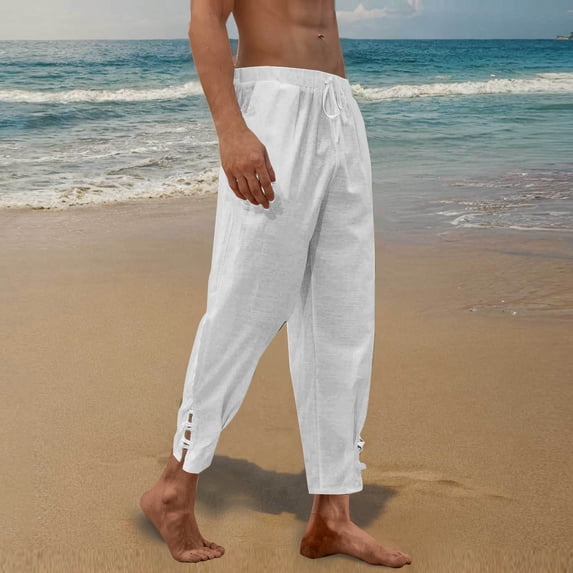 Yaoyar Men's Cotton Linen Flowy Pants Loose Fit with Drawstring Pockets Elastic Waist and Split Hem Comfortable Wear Long Trousers,XXXL,White