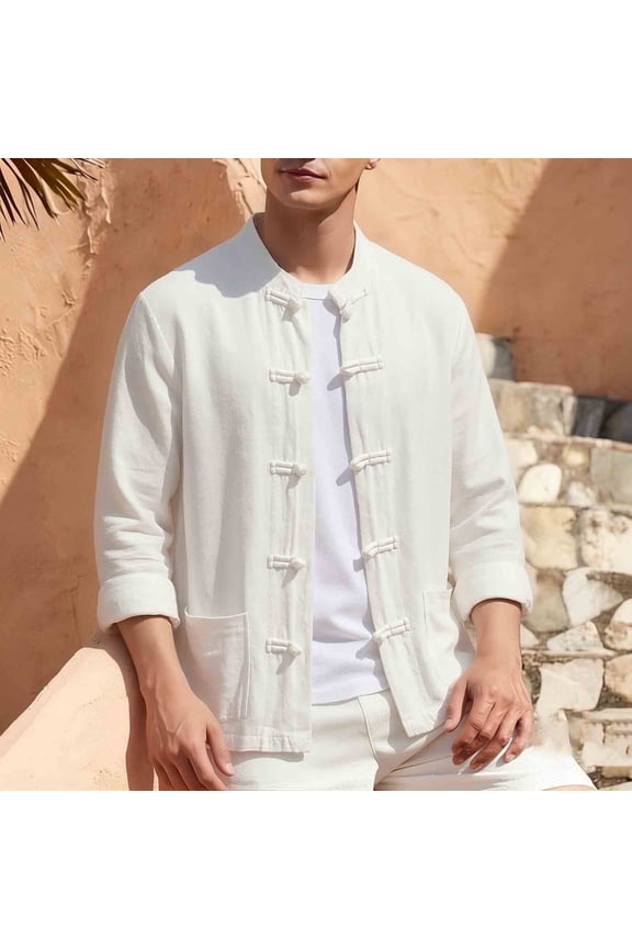 Men's Cotton Linen Kung Fu Shirt Traditional Tang Suit, Vintage Long Sleeve Frog Buttons Lightweight Jacket