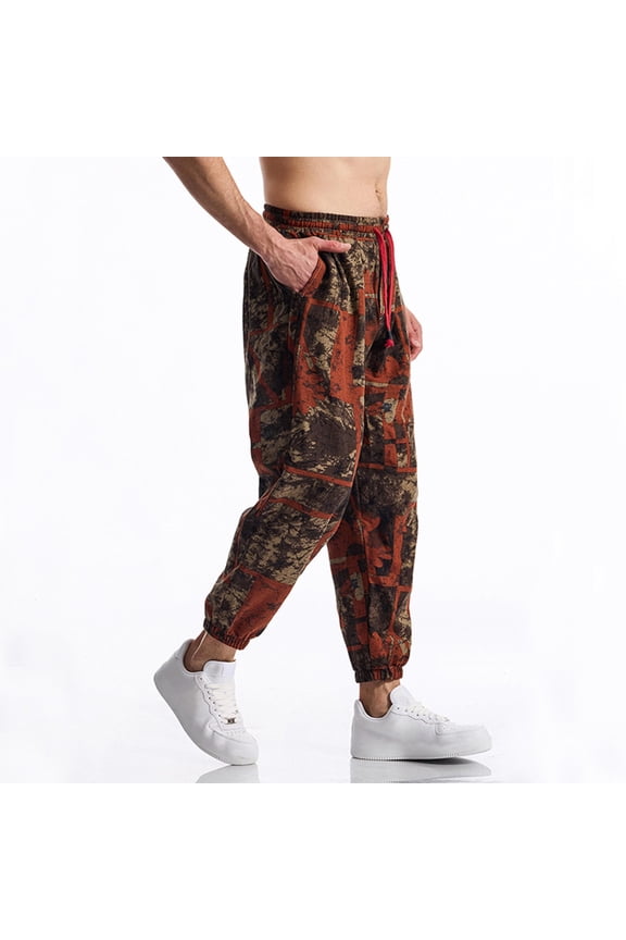 Men's Cotton Linen Printed Casual Bottoms with Elastic Waistband Roomy Hip Cut and Tapered Ankle Trousers Mens Long Pants,L,Coffee