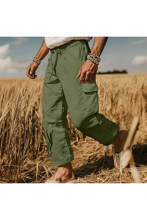 Men's Cotton Linen Spacious Pants Loose Fit with Multiple Drawstring Pockets Comfortable Airy Fabric for Daily Wear Long Trousers,XL,Army Green