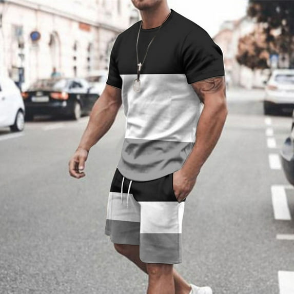 Yaoyar Men's Crew Neck Short Sleeve Color-Block Casual Sporty T-Shirt Top Shorts Two-Piece Set Versatile Daily Wear Coordinate Set