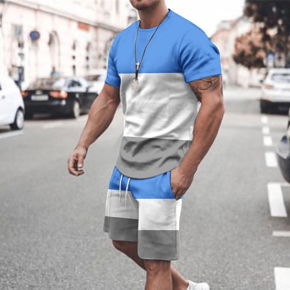 Yaoyar Men's Crew Neck Short Sleeve Color-Block Casual Sporty T-Shirt Top Shorts Two-Piece Set Versatile Daily Wear Coordinate Set