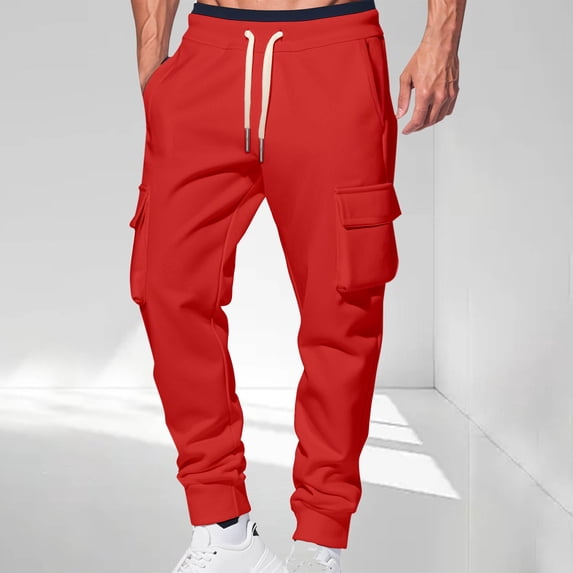 Yaoyar Men's Daily Cargo Pants Solid Color Design Elastic Drawstring Waist with Multiple Pockets Casual Utility Trousers,L,Red