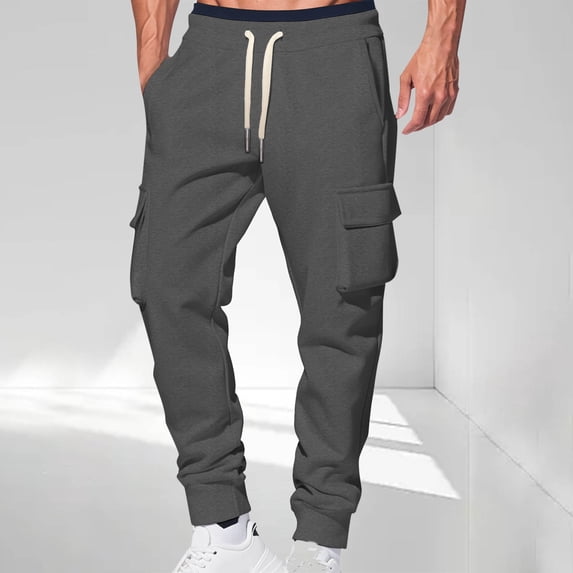 Yaoyar Men's Daily Cargo Pants Solid Color Design Elastic Drawstring Waist with Multiple Pockets Casual Utility Trousers,XXL,Dark Gray