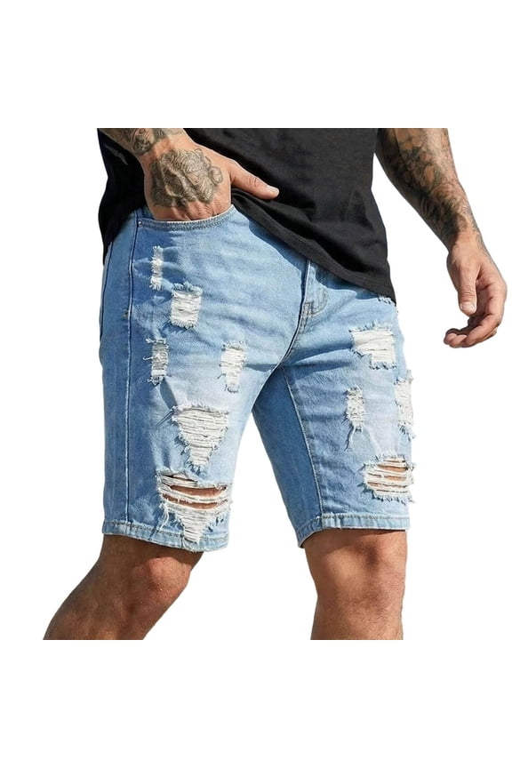 Men's Distressed Denim Shorts Button Zip Fly Ripped Hole Design Five-Pocket Loose Fit Summer Casual Shorts