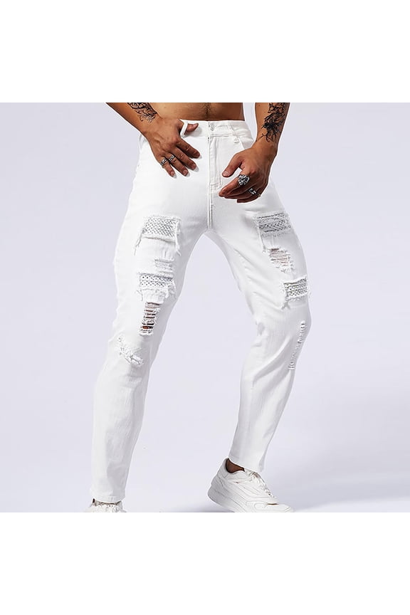 Men's Distressed Patch Detail Denim Jeans Solid Color with Rhinestone Accent Pockets Stretch Slim Fit Tapered Ankle Denim Pants,29,White