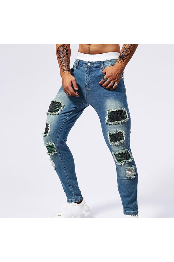 Men's Distressed Patch Detail Denim Jeans Solid Color with Sequin Accent Pockets Stretch Slim Fit Tapered Ankle Fashion Denim Pants,29,Blue