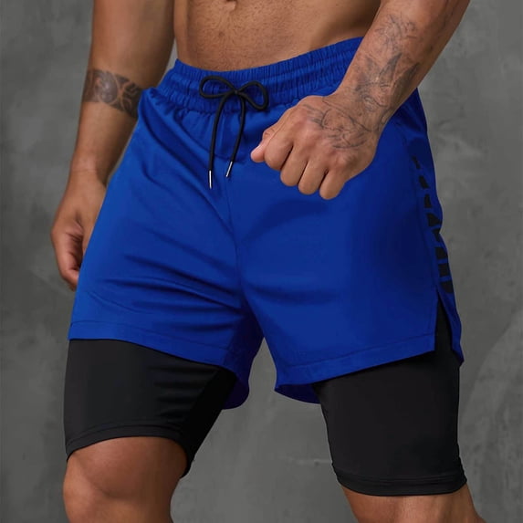 Yaoyar Men's Double Layer Workout Running Shorts Inner Compression Liner Zippered Pockets Adjustable Drawstring Athletic Shorts,Blue,XL