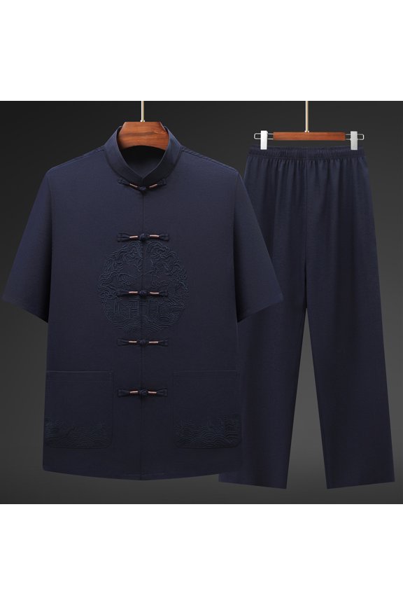 Men's Dragon Embroidered Tang Suit Chinese Traditional Mandarin Collar Kung Fu Shirts Short Sleeve Tai Chi Outfits