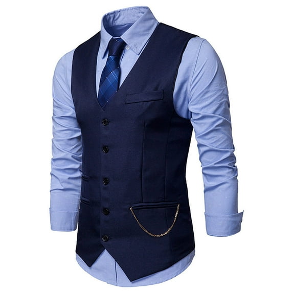 Yaoyar Men's Dress Vest Suit Waistcoat Business Slim Fit V-neck Sleeveless Tuxedo Jacket with Chain Navy L
