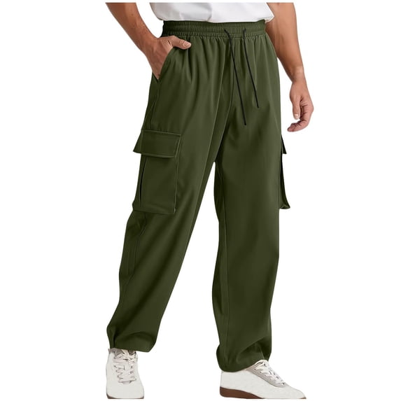 Yaoyar Men's Durable Elastic Waist Work Pants Solid Color with Functional Pockets for Labor and Everyday Activities Long Pants,S,Army Green