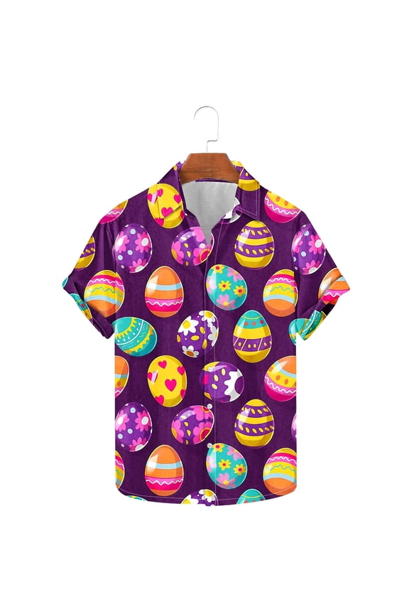 Men's Easter Holiday Print Short Sleeve Button Down Lapel Shirt,Spring Summer Style Breathable Tee Seaside Beach Shirt