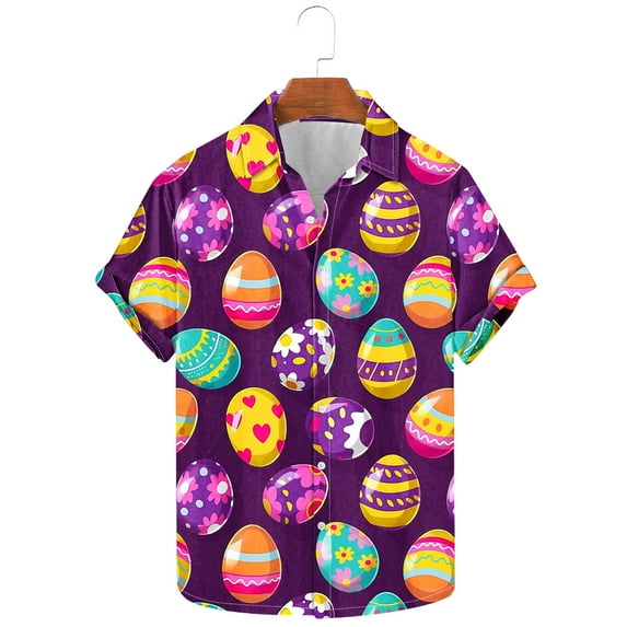 Yaoyar Men's Easter Holiday Print Short Sleeve Button Down Lapel Shirt,Spring Summer Style Breathable Tee Seaside Beach Shirt
