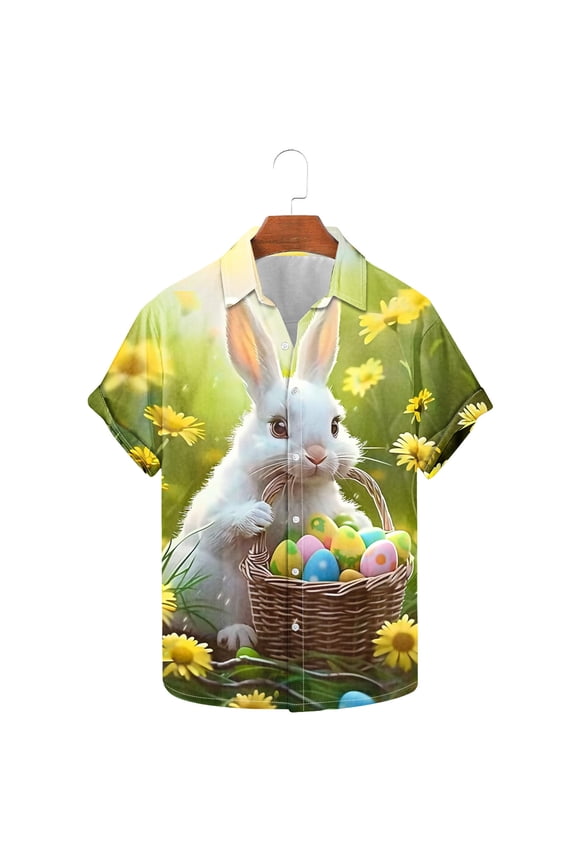 Men's Easter Holiday Print Short Sleeve Button Down Lapel Shirt,Spring Summer Style Breathable Tee Seaside Beach Shirt
