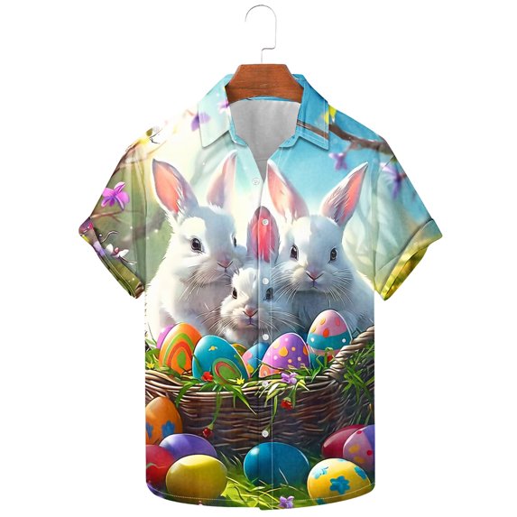 Yaoyar Men's Easter Holiday Print Short Sleeve Button Down Lapel Shirt,Spring Summer Style Breathable Tee Seaside Beach Shirt