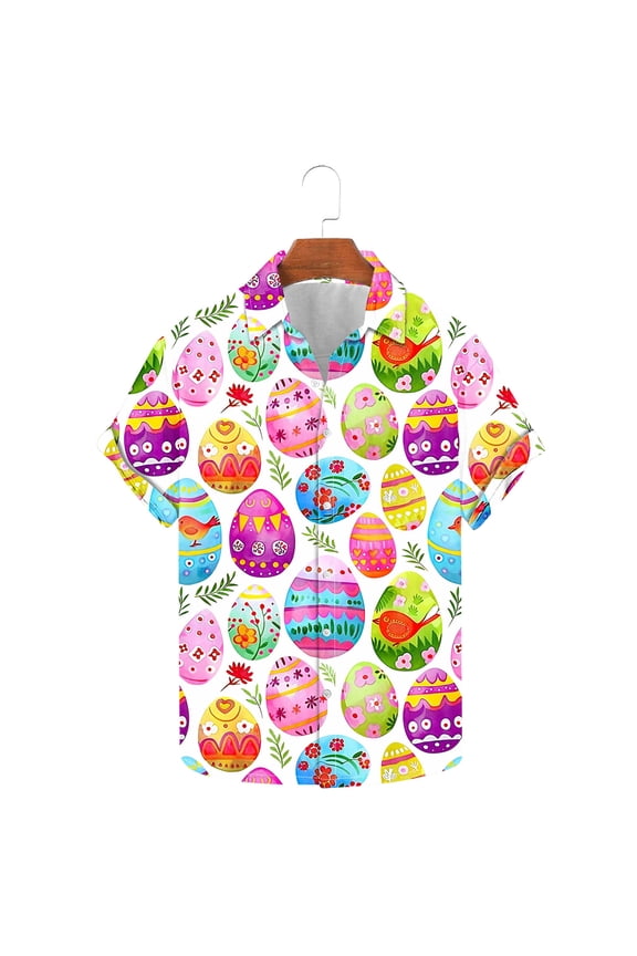 Men's Easter Holiday Print Short Sleeve Button Down Lapel Shirt,Spring Summer Style Breathable Tee Seaside Beach Shirt