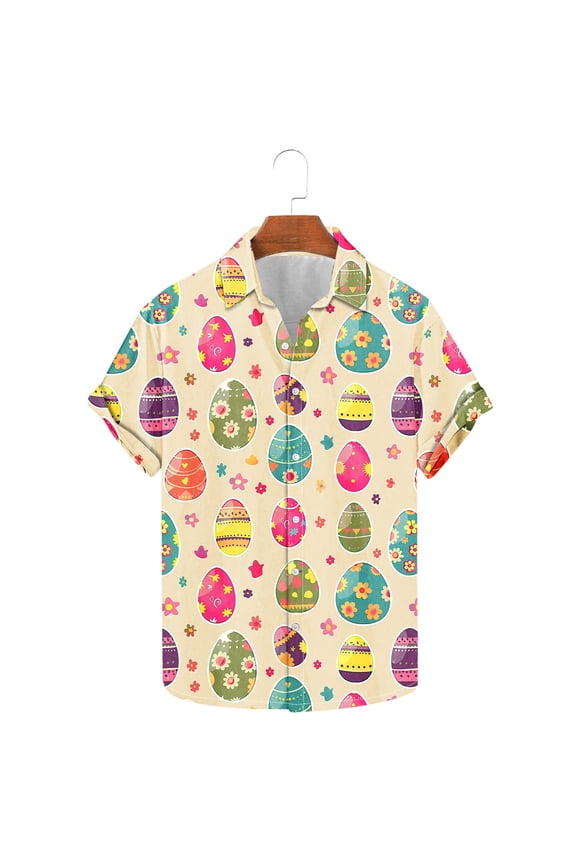 Men's Easter Holiday Print Short Sleeve Button Down Lapel Shirt,Spring Summer Style Breathable Tee Seaside Beach Shirt