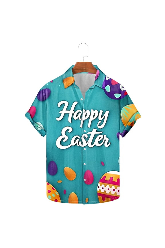 Men's Easter Holiday Print Short Sleeve Button Down Lapel Shirt,Spring Summer Style Breathable Tee Seaside Beach Shirt