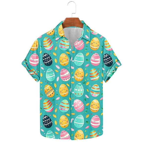 Yaoyar Men's Easter Holiday Print Short Sleeve Button Down Lapel Shirt,Spring Summer Style Breathable Tee Seaside Beach Shirt