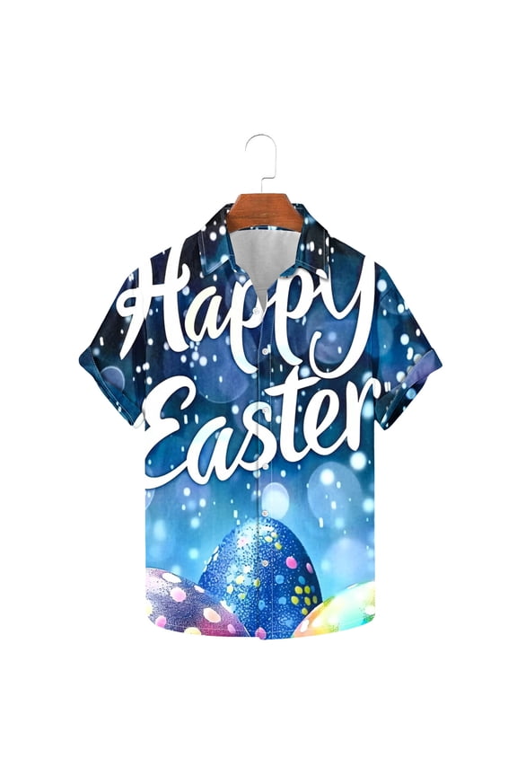 Men's Easter Holiday Print Short Sleeve Button Down Lapel Shirt,Spring Summer Style Breathable Tee Seaside Beach Shirt