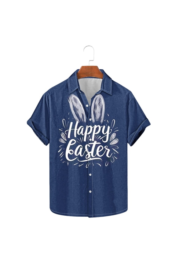 Men's Easter Holiday Print Short Sleeve Button Down Lapel Shirt,Spring Summer Style Breathable Tee Seaside Beach Shirt
