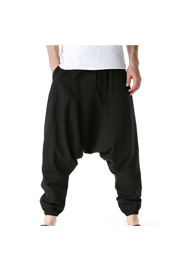 Men's Elastic Waist Harem Pants Baggy Hippie Casual Home Drop Crotch Hip Hop Halen Trousers(Black,2XL)