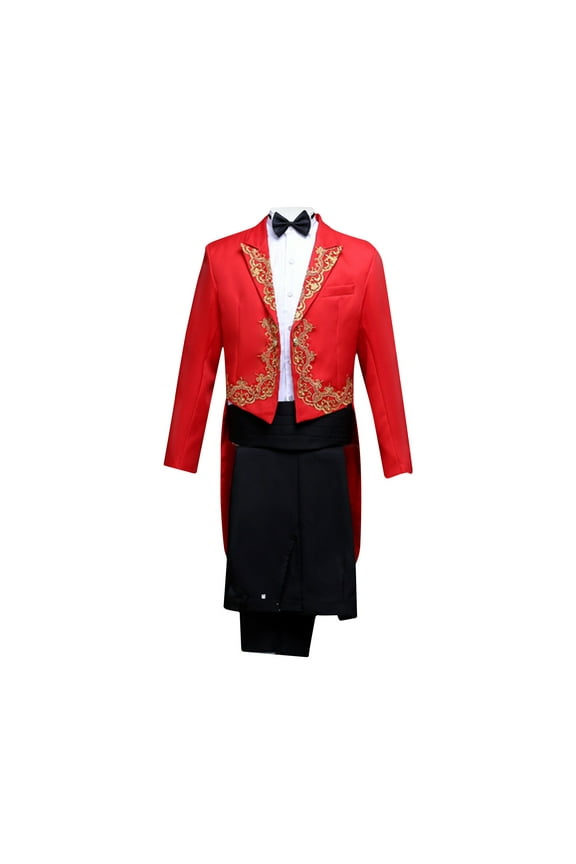 Men's Embroidered Dress Blazer Suits Slim Fit Long Tailcoat Button Lapel Jacket Long Sleeve Pants Suit Set Red L