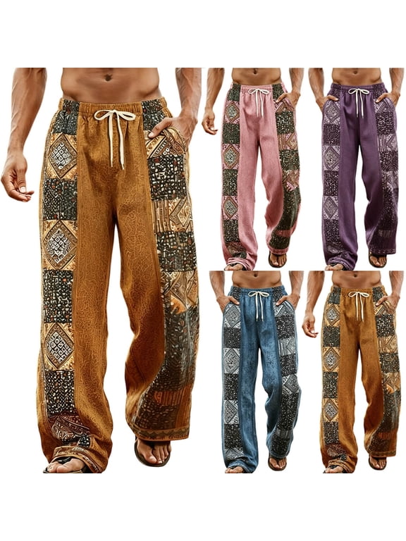 Men's Ethnic Print Drawstring Elastic Waist Pants with Side Pockets Bohemian Casual Street Style Lightweight Trousers