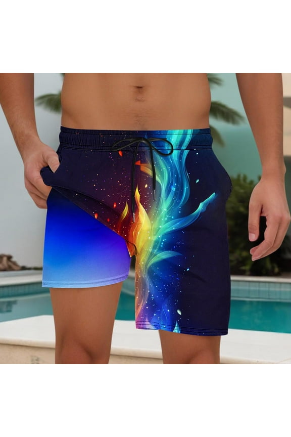 Men's Exotic Flame Palm Print Elastic Waist Drawstring Shorts Double Layer Beach Shorts Lightweight Summer Swimwear,Dark Blue,2XL