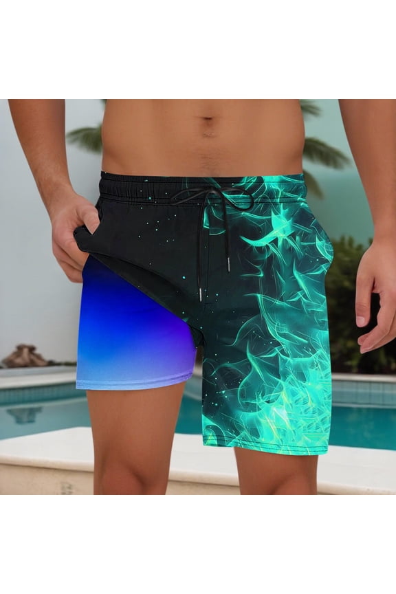 Men's Exotic Flame Palm Print Elastic Waist Drawstring Shorts Double Layer Beach Shorts Lightweight Summer Swimwear,Mint Green,XL