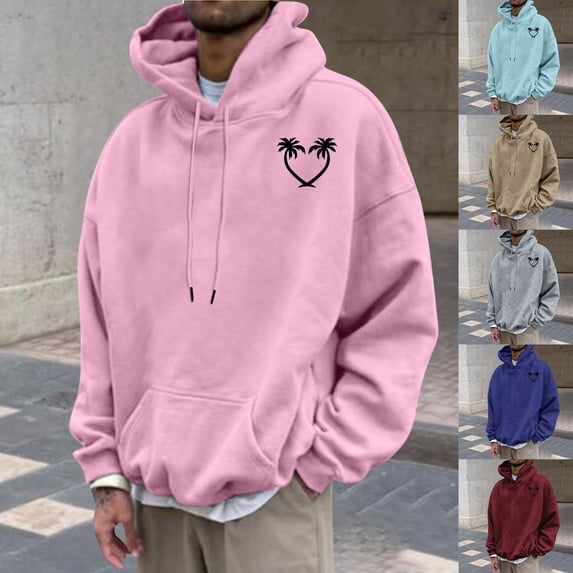 Yaoyar Men's Fall Winter Coconut Print Hooded Drawstring Pullover with Pocket, Casual Sweatshirt with Tropical Graphic for Seasonal Style