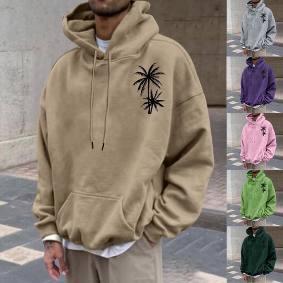 Yaoyar Men's Fall Winter Coconut Print Hooded Drawstring Pullover with Pocket, Casual Sweatshirt with Tropical Graphic for Seasonal Style