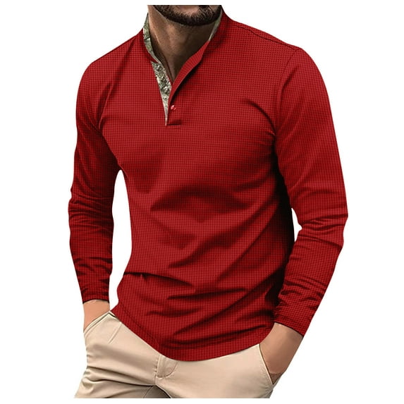 Yaoyar Men's Fallow Button Solid Color Loose Big Size Crew-Neck Long Sleeve Crew-Neck Henley Pullover Long Sleeve Shirt,Wine,XL