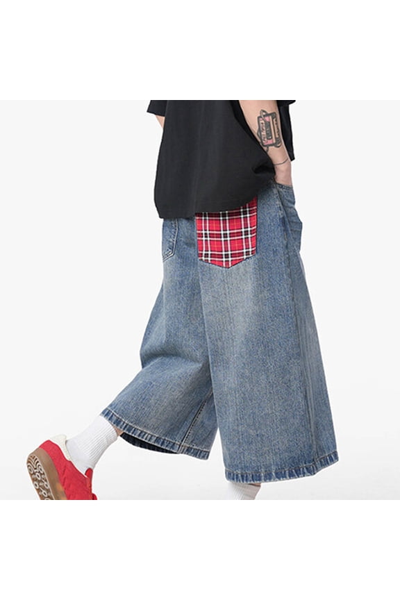 Men's Fashion Casual Pants Loose Fit Check Pattern Pockets Washed Denim Straight Wide Leg Cowboy Cropped Trousers,M,Blue